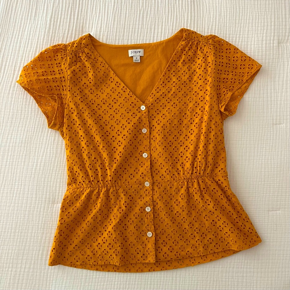 J.Crew Mustard Eyelet Short Sleeve Button Front Blouse, size 2